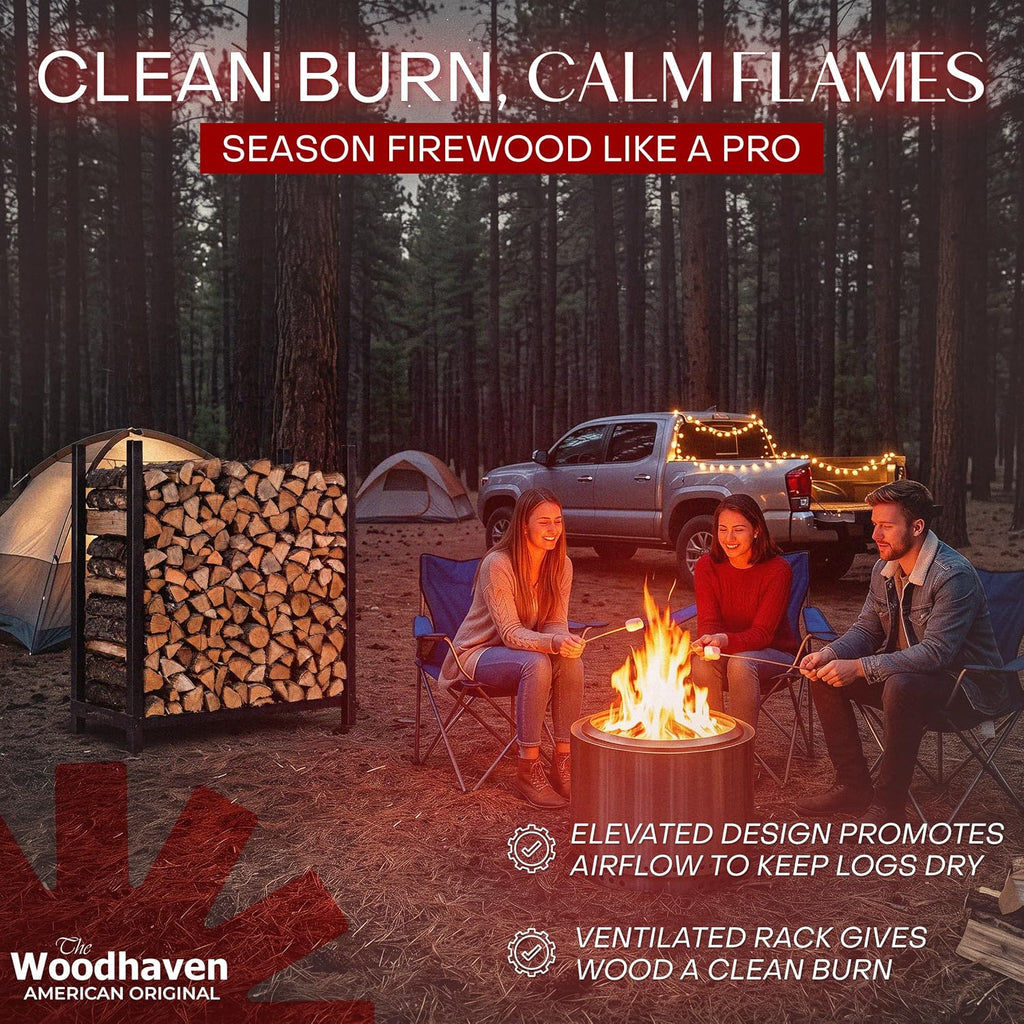 woodhaven 4-foot black raised firewood rack, 1/4 cord showing dimensions