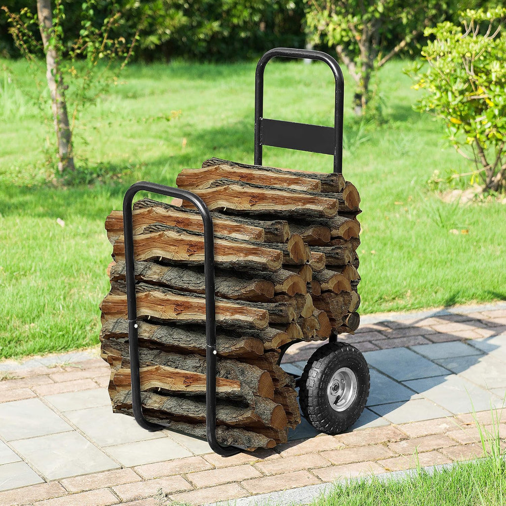 firewood carrier – rolling storage cart for logs shown in use